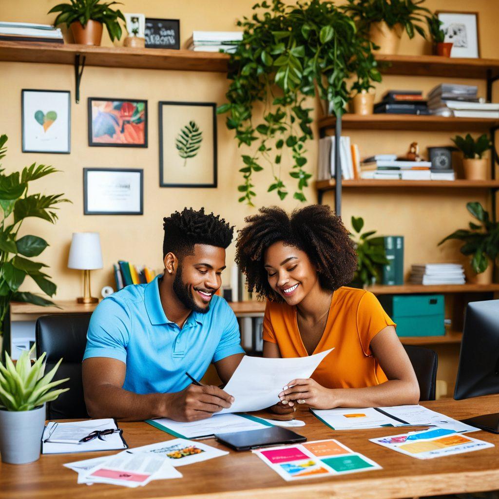 A warm, inviting scene depicting a diverse couple exploring unique insurance plans together, surrounded by colorful brochures and digital devices. Include elements that symbolize partnership, like intertwined hands and a heart-shaped checklist. The background should feature a cozy home office, filled with plants and soft lighting to create a harmonious atmosphere. super-realistic. vibrant colors. cozy setting.
