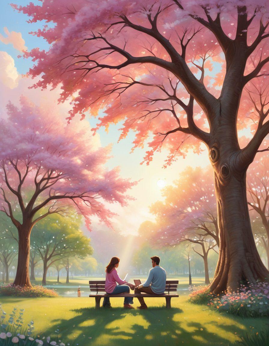 A cozy scene featuring a couple sitting together with heart-shaped shields around them, symbolizing protection and love. Soft pastel colors enhance the warm atmosphere. In the background, various unique insurance documents float gently like clouds, representing innovative solutions. The setting is a serene park with soft sunlight filtering through the trees. Illustrative style with a touch of whimsy.