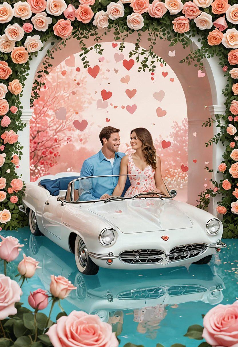 A couple in a whimsical setting, surrounded by symbols of love, like hearts and roses, while showcasing personalized insurance icons subtly in the background. They are smiling and holding customized coverage plans decorated with playful graphics. The scene should radiate warmth and romance, blending love and security creatively. pastel colors. dreamy illustration. vibrant and soft tones.